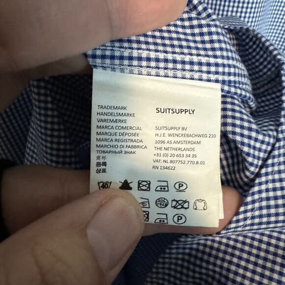 Suitsupply Shirt Mens Medium Tall 15.5 Blue Plaid Traveler Cotton Long Sleeve - Picture 5 of 11